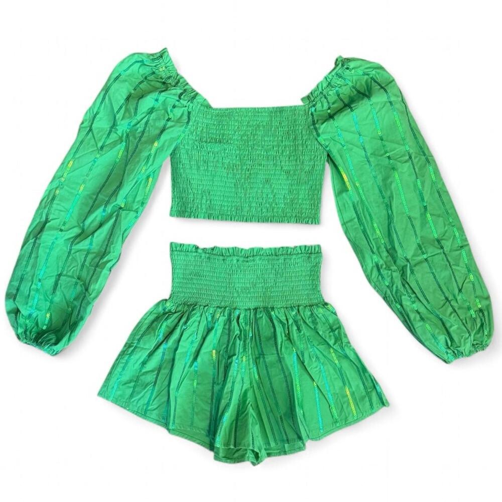 Billow Sleeve Crop Top Shorts Set M Y2K Green Smocked Sequin Puff Main Strip - Picture 2 of 9